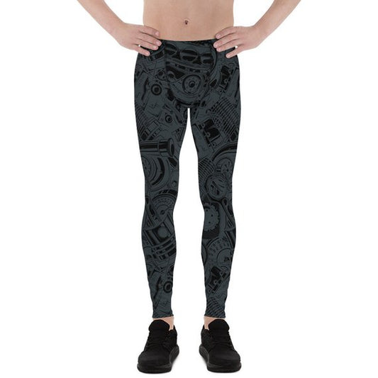 Mens Leggings - Black Leggings with Auto Parts - Sparta Fitness